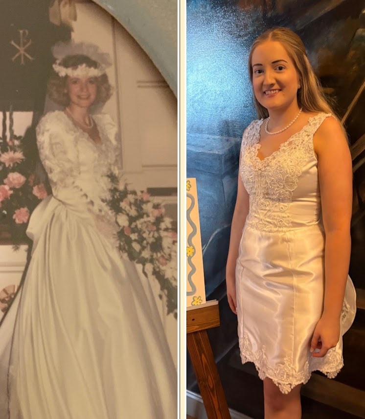 Before and after: 1980s church wedding gown transformed into a modern lace-trimmed cocktail dress